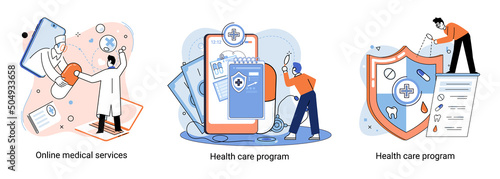 Health care program metaphor, online medical services, protection medicine. Medical insurance, hospital services, preventive check up, sick leave certificate treatment diagnosis patients, telemedicine