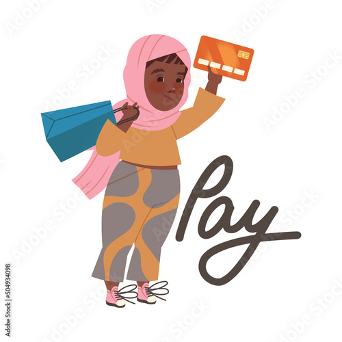 Little Muslim Girl in Hijab Paying with Plastic Card as Verb Expressing Action for Kids Education Vector Illustration photo