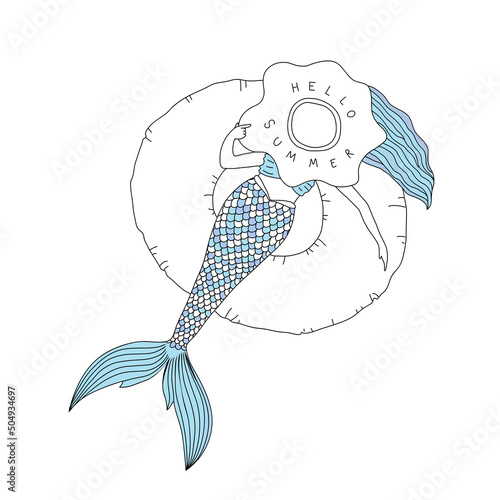 Hand drawn sunbathing mermaid for summer concept