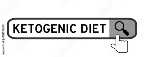 Search banner in word ketogenic diet with hand over magnifier icon on white background