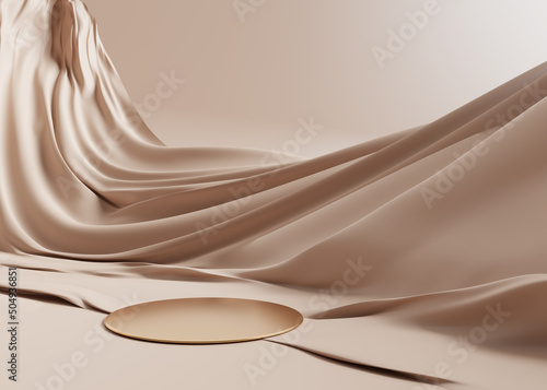 3D display podium beige background. Luxury flying cloth in motion. Glamour minimal gold pedestal for beauty, cosmetic product presentation. Feminine copy space, nude, brown template, studio 3d render