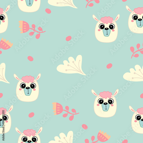 Cute seamless pattern on a blue background with cute alpaca and beautiful flowers. Texture for scrapbooking, wrapping paper, invitations. Vector illustration.