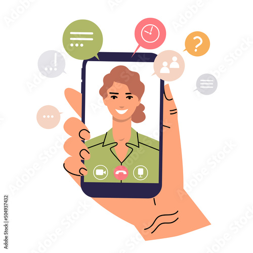 Young woman with speech bubbles on smartphone screen with video call icon. Human hand holds a phone. Concept of online conversation, chat, conference, meeting, video communication. Flat vector.