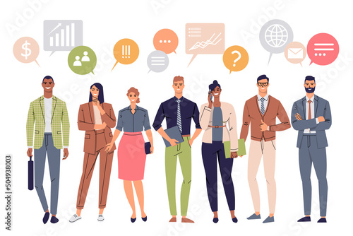 A group of full-length people with speech bubbles. The concept of discussion, communication, collective thinking, conversation, dialogue, teamwork. Businessmen and business women. Flat vector isolated