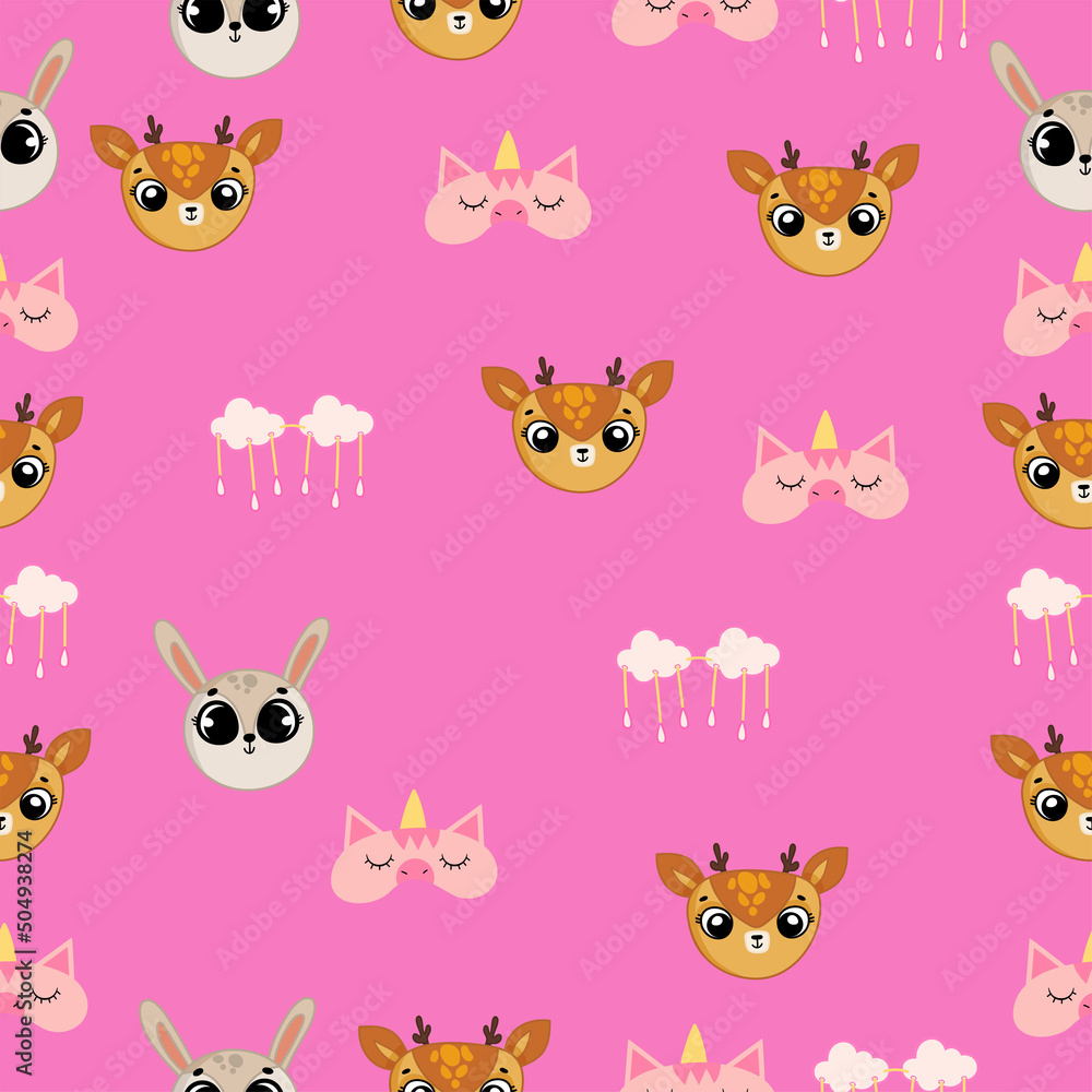 Cute seamless pattern on pink background with cute deer and bunny and also cute girly stuff. Texture for scrapbooking, wrapping paper, invitations. Vector illustration.