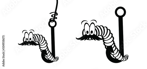 Cartoon worm with moustache or beard and hook. crawling worm. Vector crawl or creep earthworm. Worms, insect with face and eyes, earth worm mascot. creeping insects. Fich food or fish hook for fishing