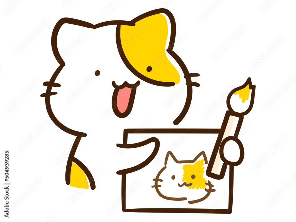 絵筆で絵を描くかわいいねこのキャラクターの手書き風イラスト Stock Vector | Adobe Stock