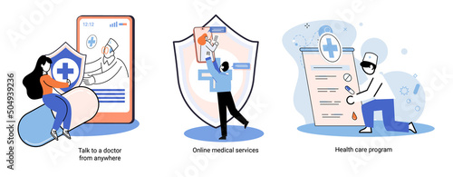 Mobile medicine mhealth online doctor, online medical services, health care program, talk to doctor from anywhere. Smartphone with medical application. Digital health and medical consultation metaphor