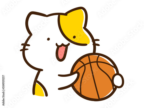 バスケットボールを持つかわいいねこのキャラクターの手書き風イラスト