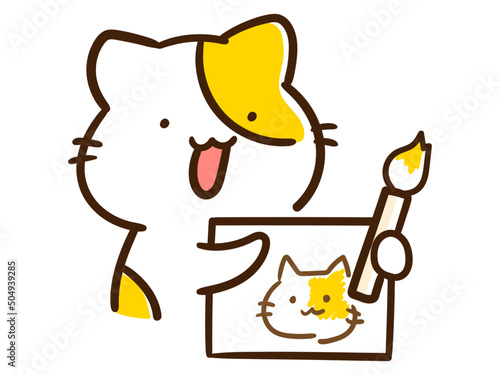 絵筆で絵を描くかわいいねこのキャラクターの手書き風イラスト