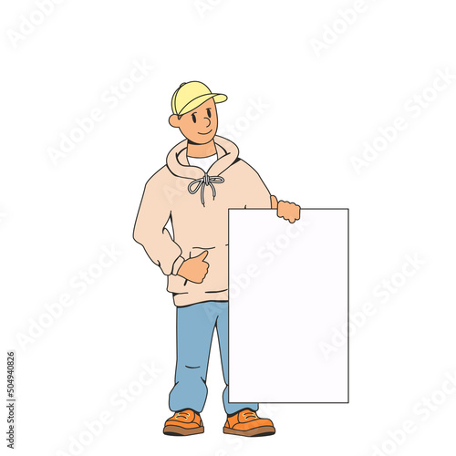 A man holds an advertising banner for text on his side and shows a thumbs up. The concept of advertising or other information. Stock vector illustration of a man with a poster. Isolated background.