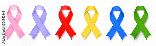 A set of realistic colorful loop ribbons, cancer awareness symbols on a white background. Vector illustration EPS 10 photo