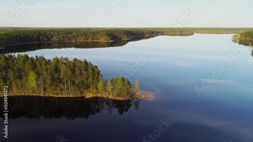 The forest tree line in Juodieji Lakajai lake in Labanoras regional park, Lithuania. Drone video photo