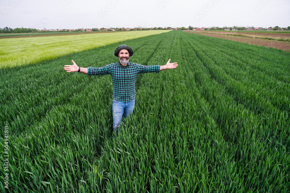 Happy farmer with arms outstretched standing in his growing wheat field.