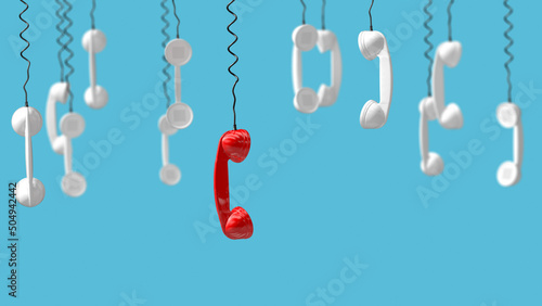 Red telephone receiver of the emergency call hangs down from above - 3d illustration photo