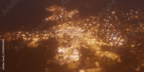 Street lights map of Cairo (Egypt) with tilt-shift effect, view from east. Imitation of macro shot with blurred background. 3d render, selective focus