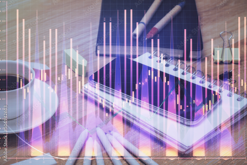 Double exposure of forex chart drawing and cell phone background. Concept of financial trading Double exposure of forex chart drawing and cell phone background. Concept of financial trading