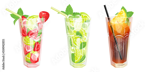 A set of summer refreshing cocktails, classic Mojito with lime, Mojito with strawberries, ice and mint, Long Island cocktail with lemon.Vector illustration.The concept of drinks.