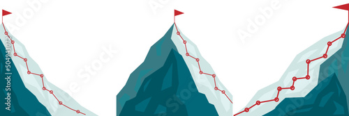 Set of Mountain climbing route to peak in flat style. Business journey path in progress to success vector cartoon illustration. Mountain peak, climbing route to top rock