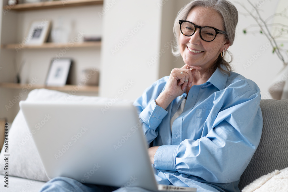 Smiling 50s mature woman sitting on sofa, using laptop, working, chatting, spending time in social media Smiling 50s mature woman sitting on sofa, using laptop, working, chatting, spending time in social media