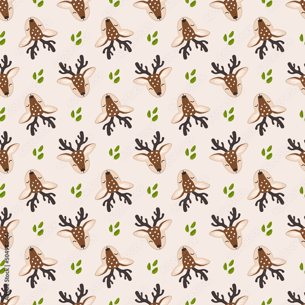 Seamless pattern with cute deer and leaves in childish style with smile muzzle, horns and eyes on background. Print of funny wild animal with happy face. Vector flat illustration for holidays Seamless pattern with cute deer and leaves in childish style with smile muzzle, horns and eyes on background. Print of funny wild animal with happy face. Vector flat illustration for holidays