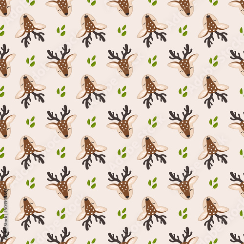 Seamless pattern with cute deer and leaves in childish style with smile muzzle, horns and eyes on background. Print of funny wild animal with happy face. Vector flat illustration for holidays © Екатерина Полякова