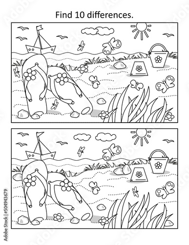 Find 10 differences visual puzzle and coloring page. Summer vacation beach scene with flip-flops, boat, toy buckets
