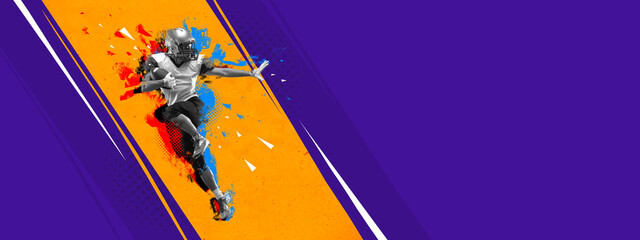 Flyer with american football player in motion and action with ball isolated on bright yellow and purple color background. Action, motion, art, creation, sport