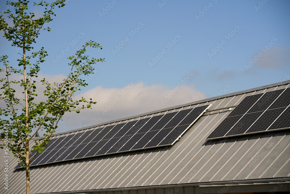 State-of-the-art solar panels placed on the roofs of houses of ecological construction