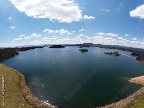 Natural panoramic view of the Peñol Antioquia dam, aerial shots with a drone