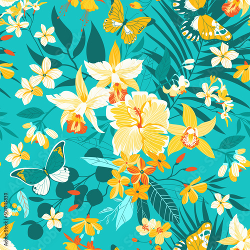 Tropical seamless background with simple flowers