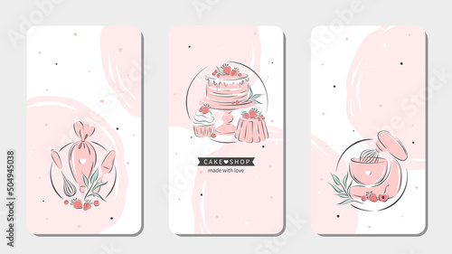 Set of design sample for pastry and bread shop. Cake shop logo. Planetary stationary dough mixer, cakes and berries. Vector illustration