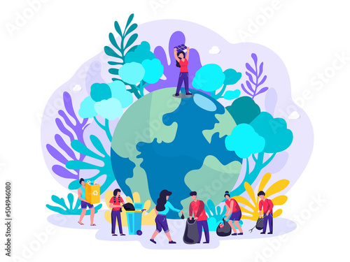 Fotografie, Tablou Flat illustration Concept Women and men protect the environment By doing outdoor activities such as cleaning, picking up trash, collecting plastic bags, recycling in the park