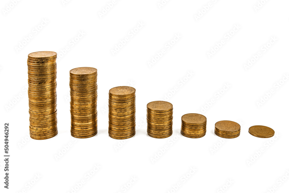 Stacks of money coins step, Financial revenue growth graph on white background with copyspace Stacks of money coins step, Financial revenue growth graph on white background with copyspace