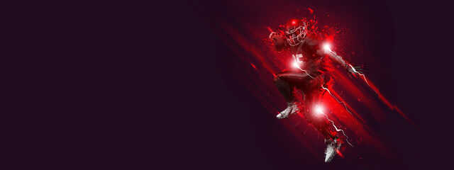 Bright poster with american football player in motion and action with ball isolated on dark background with polygonal and fluid neon elements. Art, creativity, sport