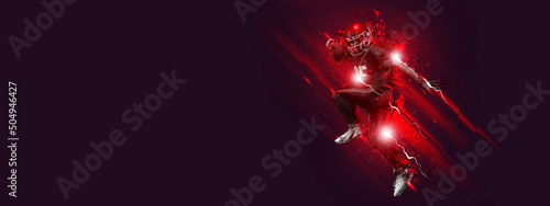 Fotografie Bright poster with american football player in motion and action with ball isolated on dark background with polygonal and fluid neon elements