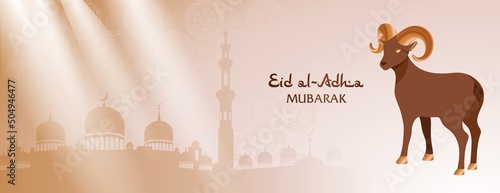 Background for muslim holiday Eid Al Adha. Sacrificial ram with golden horns as a symbol of festival. Banner with islamic silhouette of temple or mosque in sunbeams and pattern. Vector illustration
