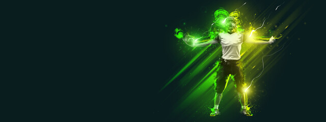 Winner. Flyer with american football player in motion and action with ball isolated on dark background with polygonal and fluid neon elements. Art, creativity, sport