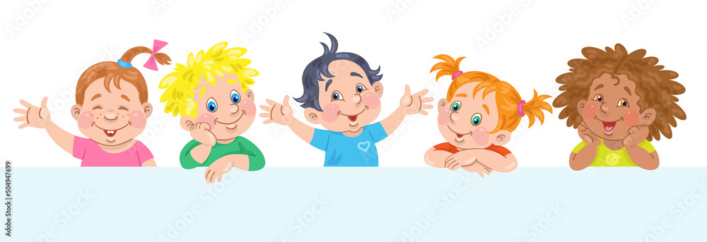 Funny little children of different nationalities. Template for card, poster and banner. Place for your text. In cartoon style. Isolated on white background. Vector illustration