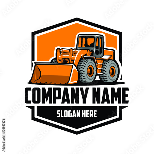 Bulldozer excavating company logo. Emblem style concept vector isolated