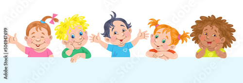 Funny little children of different nationalities. Template for card, poster and banner. Place for your text. In cartoon style. Isolated on white background. Vector illustration