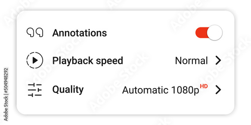 Video player quality section and other tools bar. Video quality icon and dimensions set. Video settings icons. Gear settings collection. Video quality 144p, 240p, 360p, 480p, 720p, 1080p