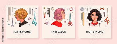 Card set with woman portraits with hairstyle variations and hairdresser elements. Beauty salon or hair salon square banner design template. Vector illustration