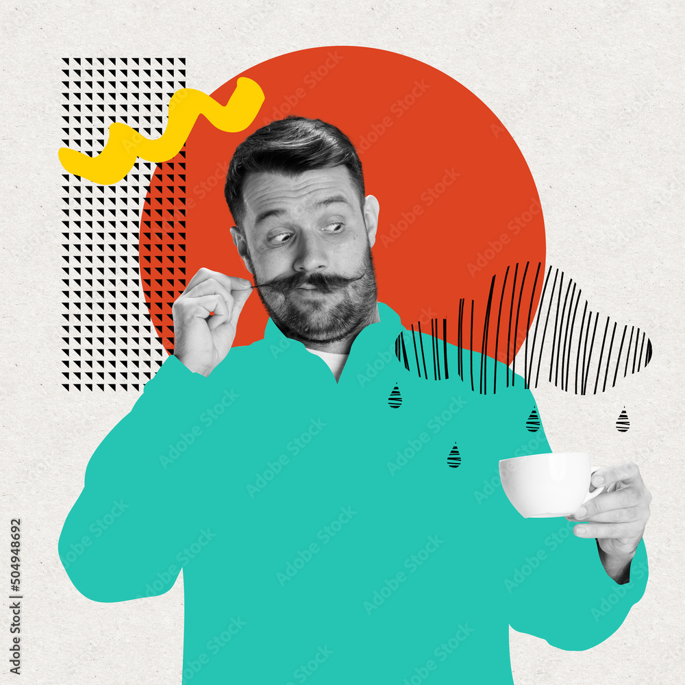 Morning coffee changes your mood. Man in bright digital outfit thinking about life on abstract background. Contemporary art collage. - obrazy, fototapety, plakaty 