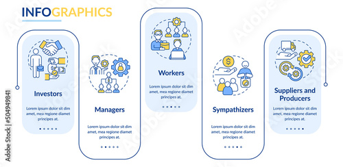 Categories of partnership members rectangle infographic template. Data visualization with 5 steps. Process timeline info chart. Workflow layout with line icons. Lato-Bold, Regular fonts used