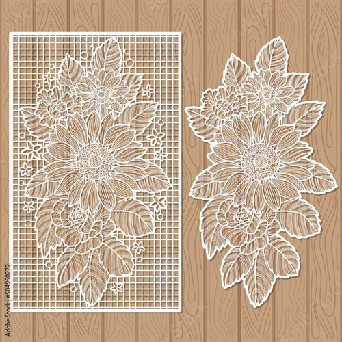 Decorative element with flowers. For cutting any material. For the design of interior details, furniture, cards, invitations, menus, etc. Vector