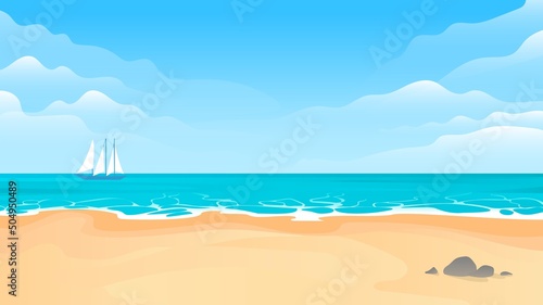 Cartoon landscape of a tropical seashore with a ship on the horizon. Sunny day. Vector illustration.