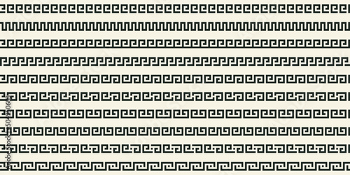 Greek key seamless border collection. Decorative ancient meander, Greece ornamental set with repeated geometric motif. Vector EPS10.