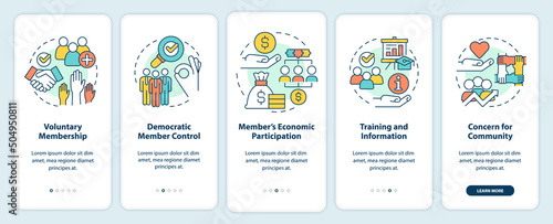 Cooperative principles onboarding mobile app screen. Business walkthrough 5 steps graphic instructions pages with linear concepts. UI, UX, GUI template. Myriad Pro-Bold, Regular fonts used