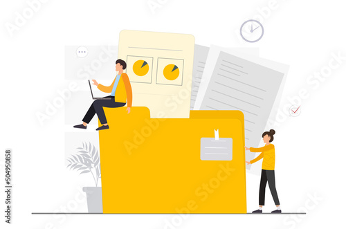People putting documents in folder, digital data storage, network workflow concept, online file exchange system, flat vector illustration